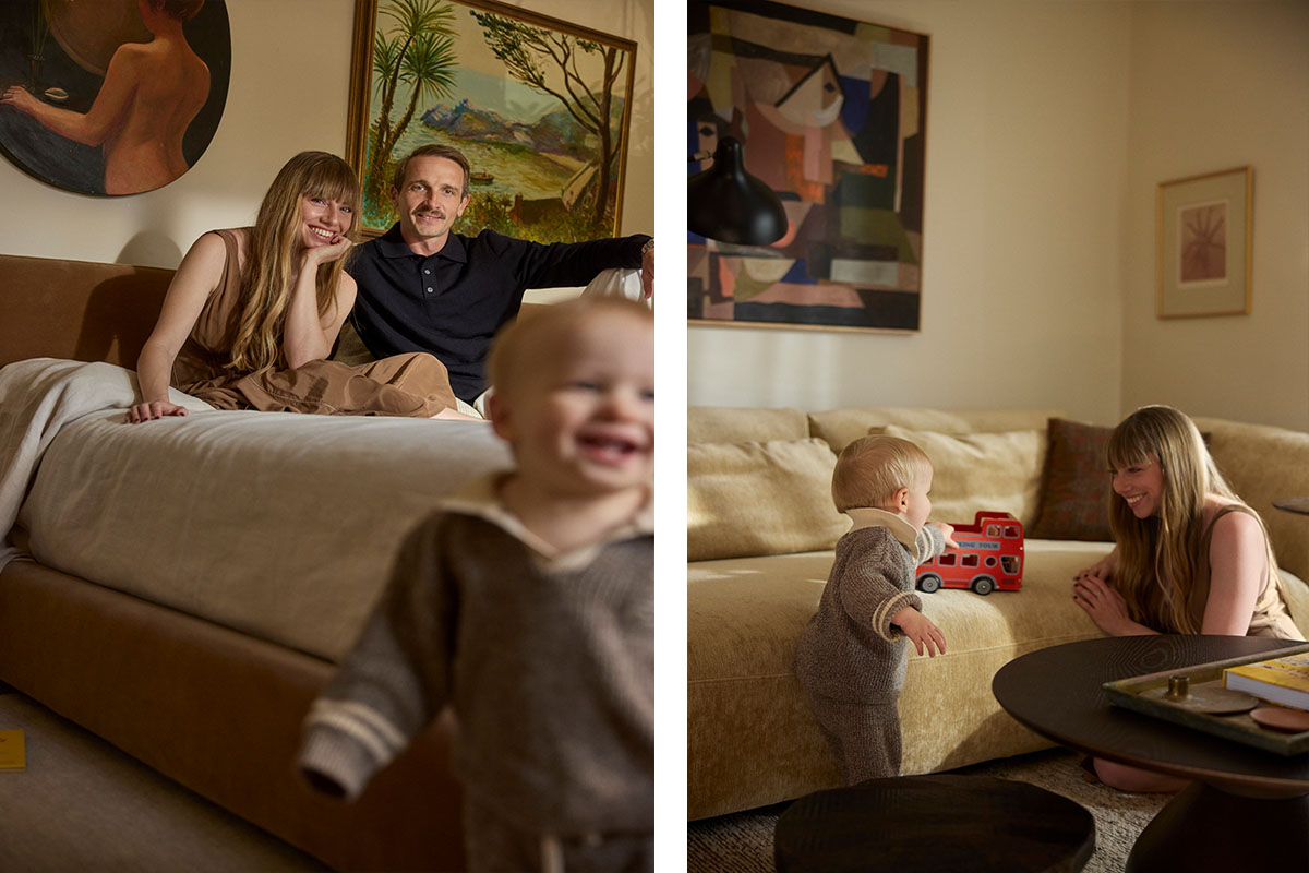 A family spending time together on their bed and sofa, showing everyday family living at home.