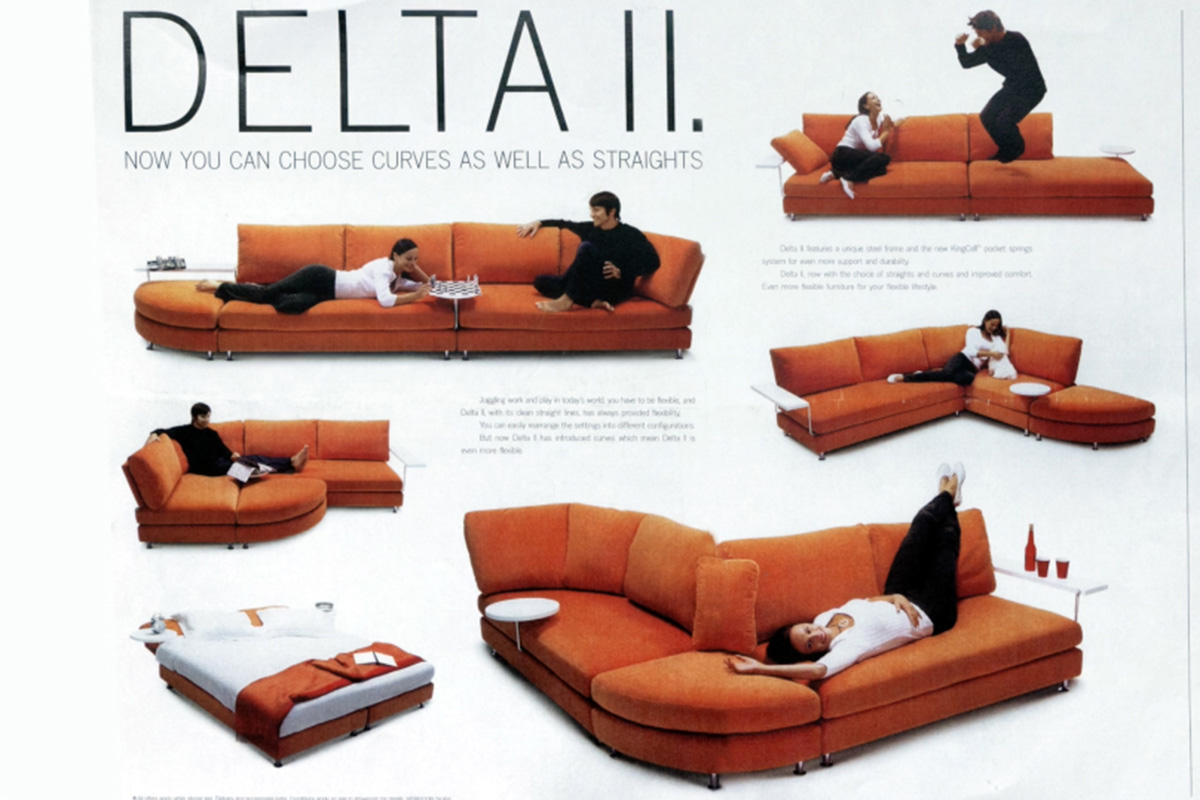 An ad from the nineties showing the Delta Sofa in many curved configurations like L-shape and bed.