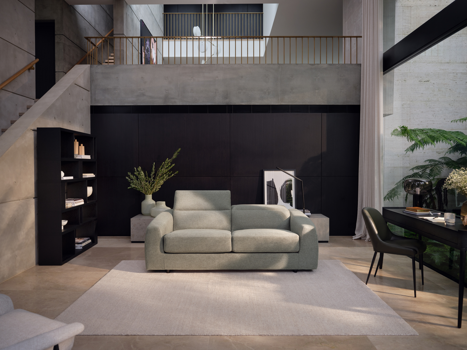 A light green sofa bed in a modern living space.