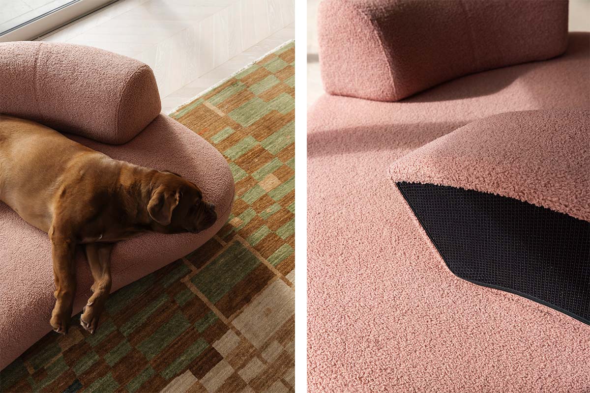 A brown dog rests on a dusky pink bouclé sofa, highlighting its soft curves and plush texture, while a warm-toned checkered rug adds depth to the space.