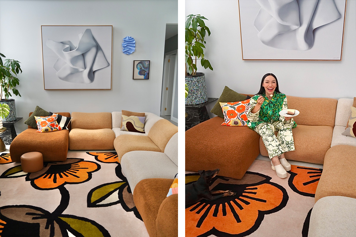 Side-by-side images of a curved modular sofa in caramel and beige tones, one showcasing its styling with a bold floral rug and the other sitting cake artist Katherine Sabbath, enjoying her sofa-inspired designed dessert.