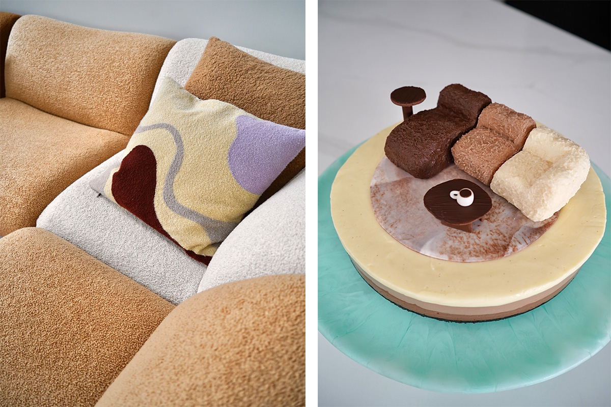 (Left) Close up of the 1977 Sofa in tonal bouclé fabric, styled with sculptural cushions in earthy and pastel hues. (Right) A layered dessert cake inspired by the 1977 Sofa, complete with miniature chocolate replicas of a side table and coffee cup.